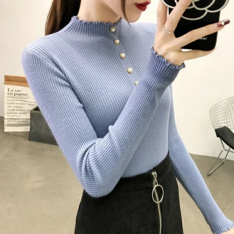 

2024 Autumn winter Women Mock Neck Ruffles Sweater button slim thin Casual Sweater Long Sleeve Knitted Bottoming Solid Pullovers