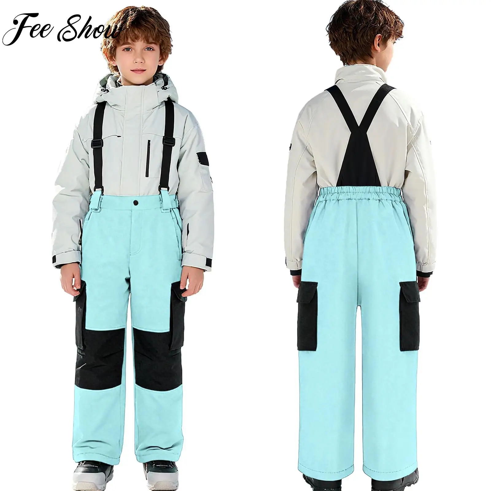 

Boys Girls Water Resistant Ski Overalls Adjustable Elastic Wide Shoulder Straps Pants for Skiing Snowboarding Fitness Clothes