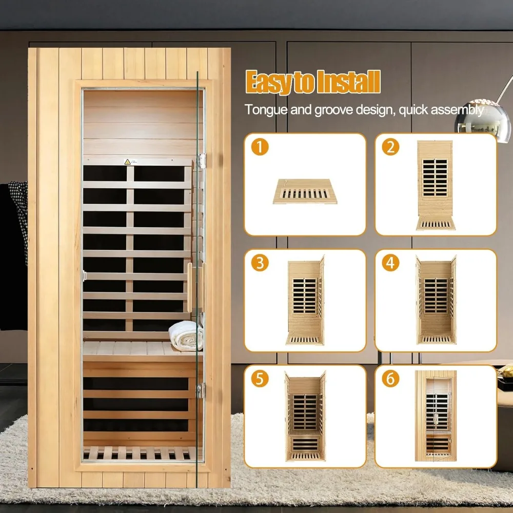 Sauna infravermelha distante Sauna de madeira canadense Hemlock para 1 pessoa, 1300 W Baixo EMF com painel de controle, alto-falantes Bluetooth, lâmpada de leitura LED