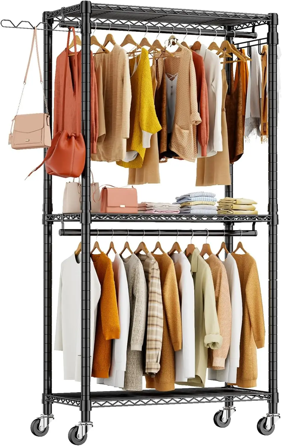 Clothing Racks for Hanging Clothes Load 420 LBS, Heavy Duty Clothes Garment Rack, Rolling Clothes Wardrobe Closet Rack, Metal Fr