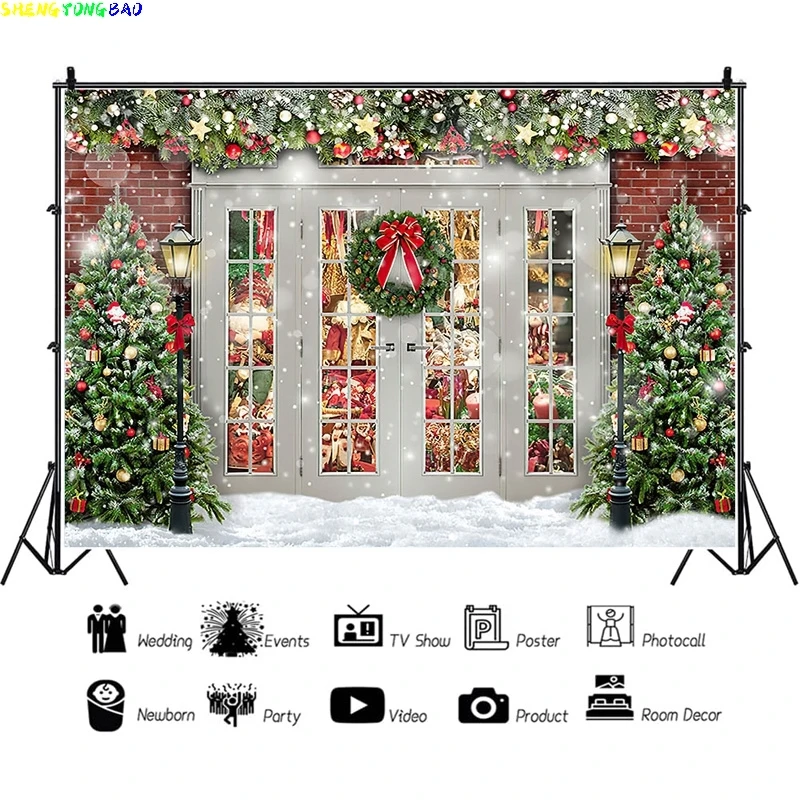 

Vinyl Custom Christmas Tree Window Candy Photography Backdrop Wooden Doors Snowman Cinema Pine New Year Background Prop LPR-08