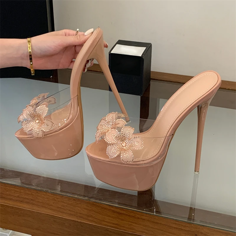 Eilyken Große Größe 46 PVC Transparente Ultra Dünne High Heels Karneval Prom Pantoffeln Damen Mode Kristall Blumen Sommer Schuhe