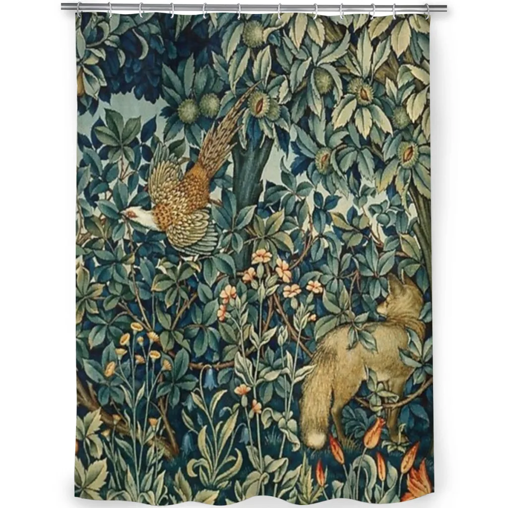 GREENERY, FOREST ANIMALS Pheasant and Fox Blue Green Floral Tapestry Shower Curtain Landscape Bath Curtain With Hooks