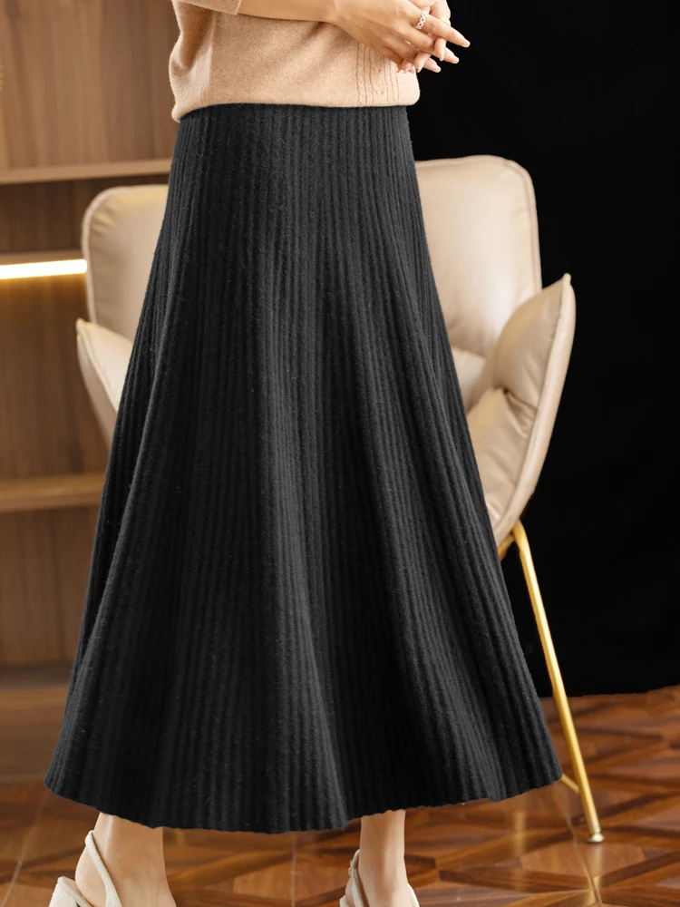 New Fashion Grace Women Wool Long Pleated Skirt Autumn Winter Office Lady Cashmere Skirt 100% Merino Wool Pupular Dress Tops