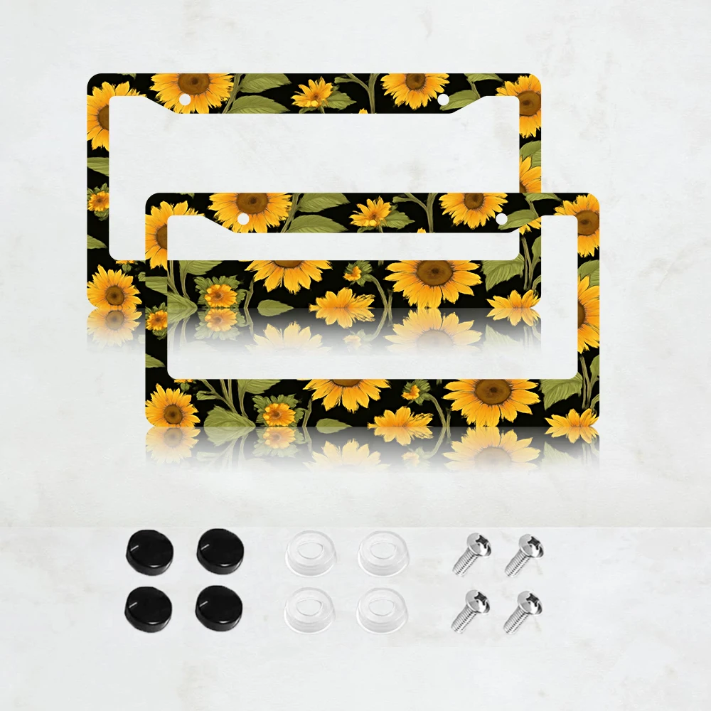 

2PC 2-Hole License Plate Frame with Sunflower Design, American Standard Size, Aluminum Material, 6x12 Inches, Includes Screws