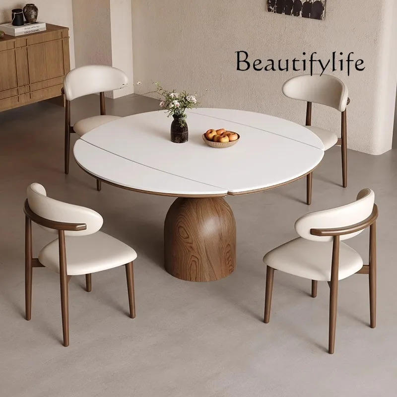 Retro style all solid wood rock slab dining table and chair combination retractable folding round table