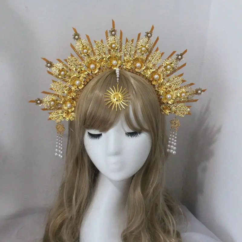 Gold Halo Headband Sun Godmother\'s Crown Tiaras Headpiece Virgin Mary Gothic Headwear Fairy Goddess Hair Accessories