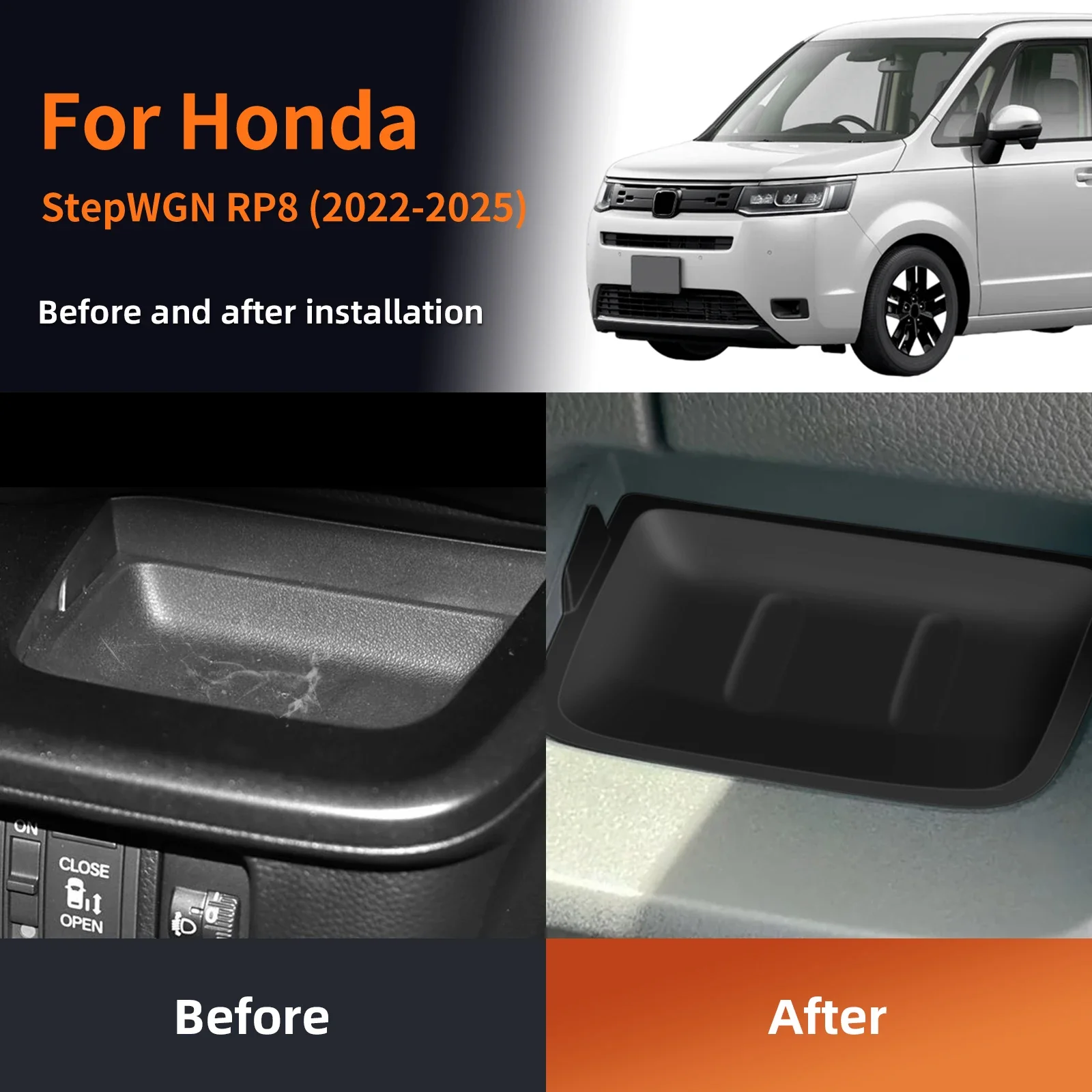 

Car Front Door Storage Box For Honda Stepwgn RP8 2022-2025 3rd Row Cup Holder & Central Control Tray Interior Accessories Set