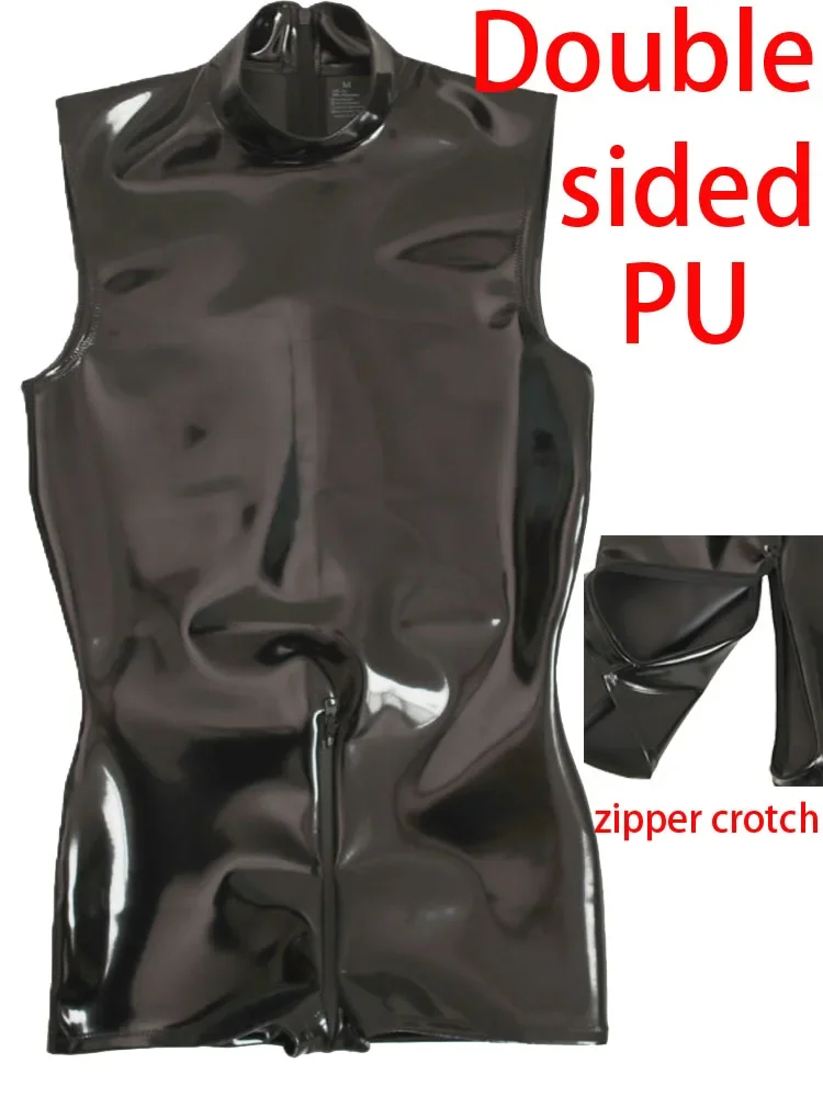 Sexy Men Double Sided PU Leather Vest Leotard Faux Latex Catsuit Wet Look PVC Long Zipper Open Crotch Bodysuit Maid Tights Plus