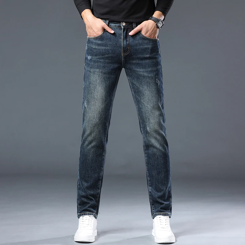 Jeans retrô azul versátil casual masculino, calça reta fina, estojo high-end na moda empresarial, novo, estojo 2024