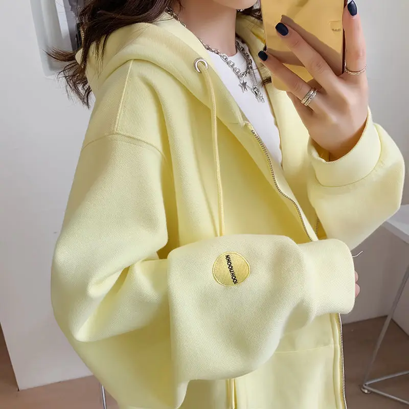 Casual Zip up Hooded Sweatshirt Candy Color Korean Streetwear Loose Zipper Essentials Hoodies for Women y2k Outerwear Tops