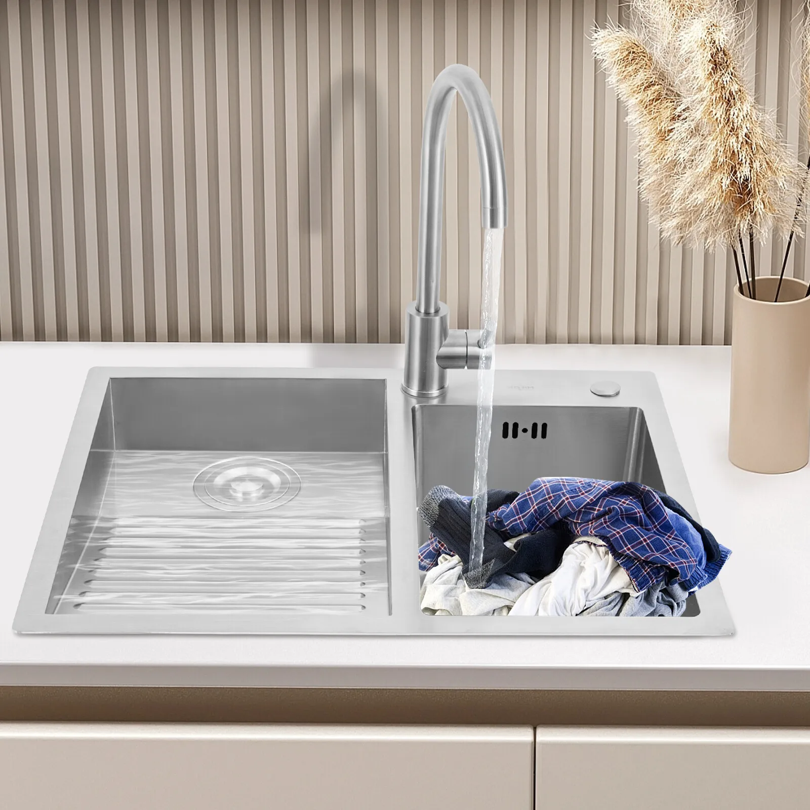 

Multi-Scene Silver Dual-Basin Laundry Sink - Fits Laundry Rooms/Kitchens/Balconies, 2 Pre-Drilled Holes&Flexible PP Drain Pipe