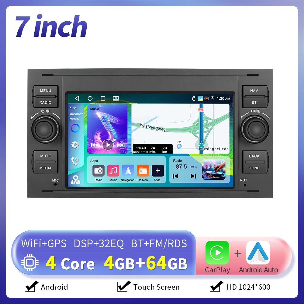 Camecho 4 + 64G Carplay Android Auto Radio Voor Ford Focus 2 Mondeo S C Max Kuga Fiesta Fusion 2Din Auto Multimedia Speler WIFI GPS
