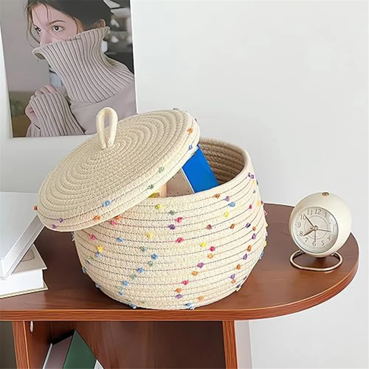 Small Rope Basket with Lid,Small Round Woven Storage Basket with Lid for Organizing, Small Decorative Toy Basket