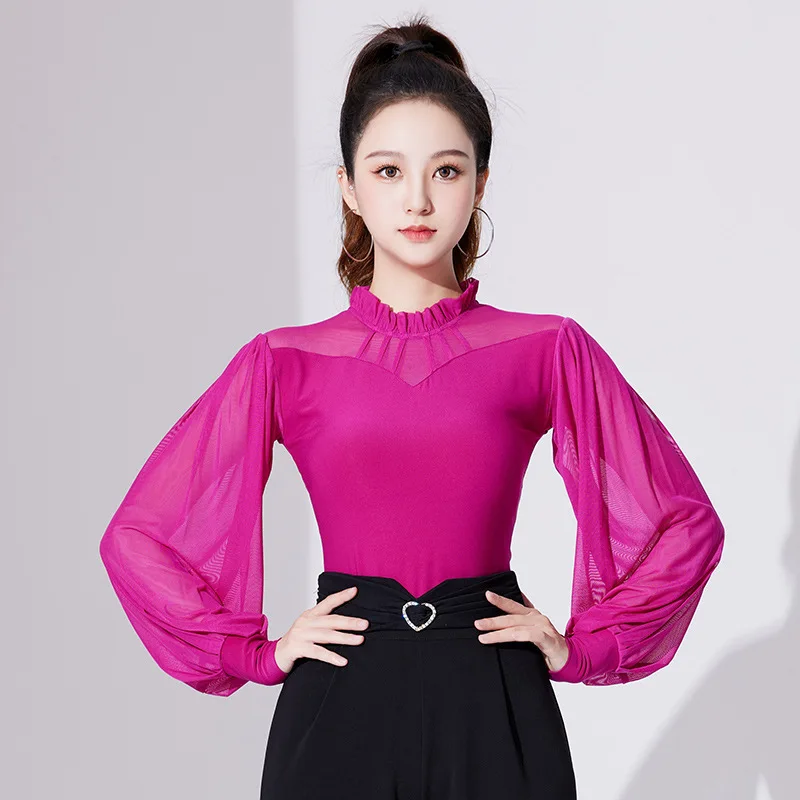 Solid Color Latin Dance Practice Long Sleeves Tops for Prom Line Costume Jazz Lace Patchwork Competition Classical Samba Rompers