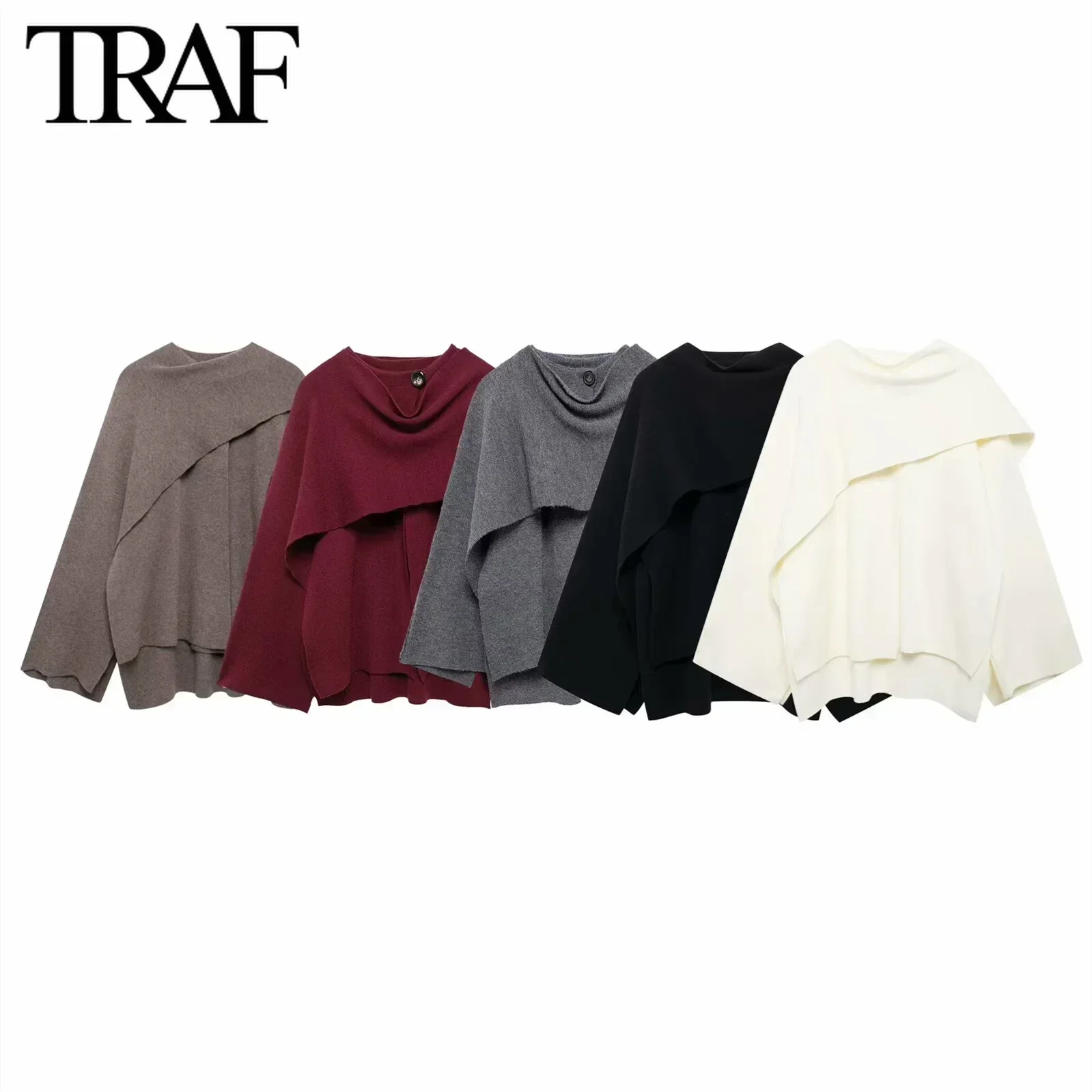 TRAF Knitted Cardigan for Women Fashion 2024 Autumn Winter  New Cloak Style Sweater Short Outerwear Chic Female Knit Coat Mujer