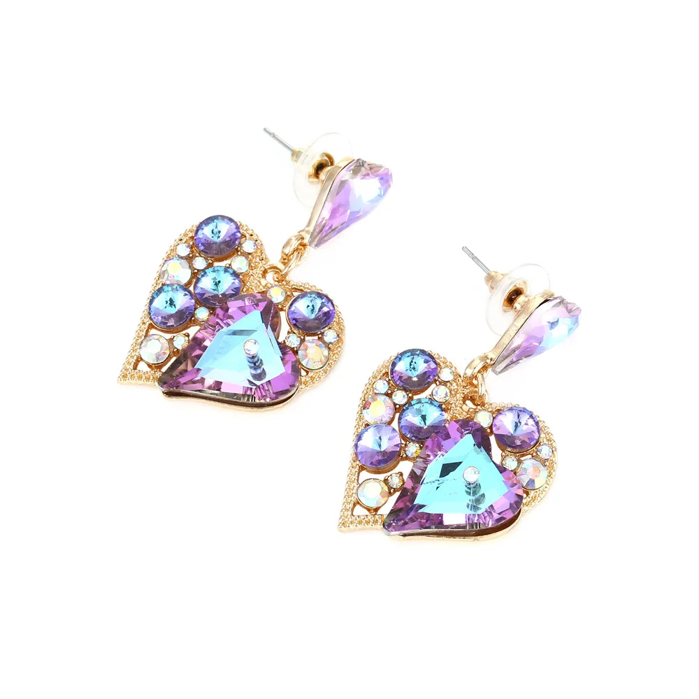 Fashion high-end sense super flash color heart-shaped crystal earrings exaggerated light luxury alloy diamond-set love earrings