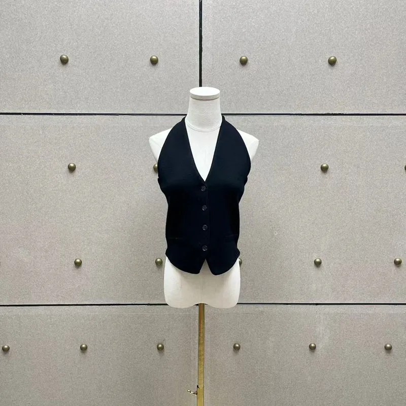 Chaleco halter de punto de un solo pecho con cuello en V de estilo retro con un sentido del diseño de nicho, sin mangas y versátil, chaleco corto en capas