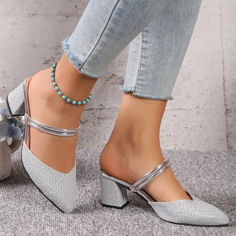 Goud Zilver Bling Hoge Hak Pumps Damesmode Rugband Slip-On Feestschoenen Vrouw Puntige Neus Slingbacks Schoenen Met Dikke Hakken