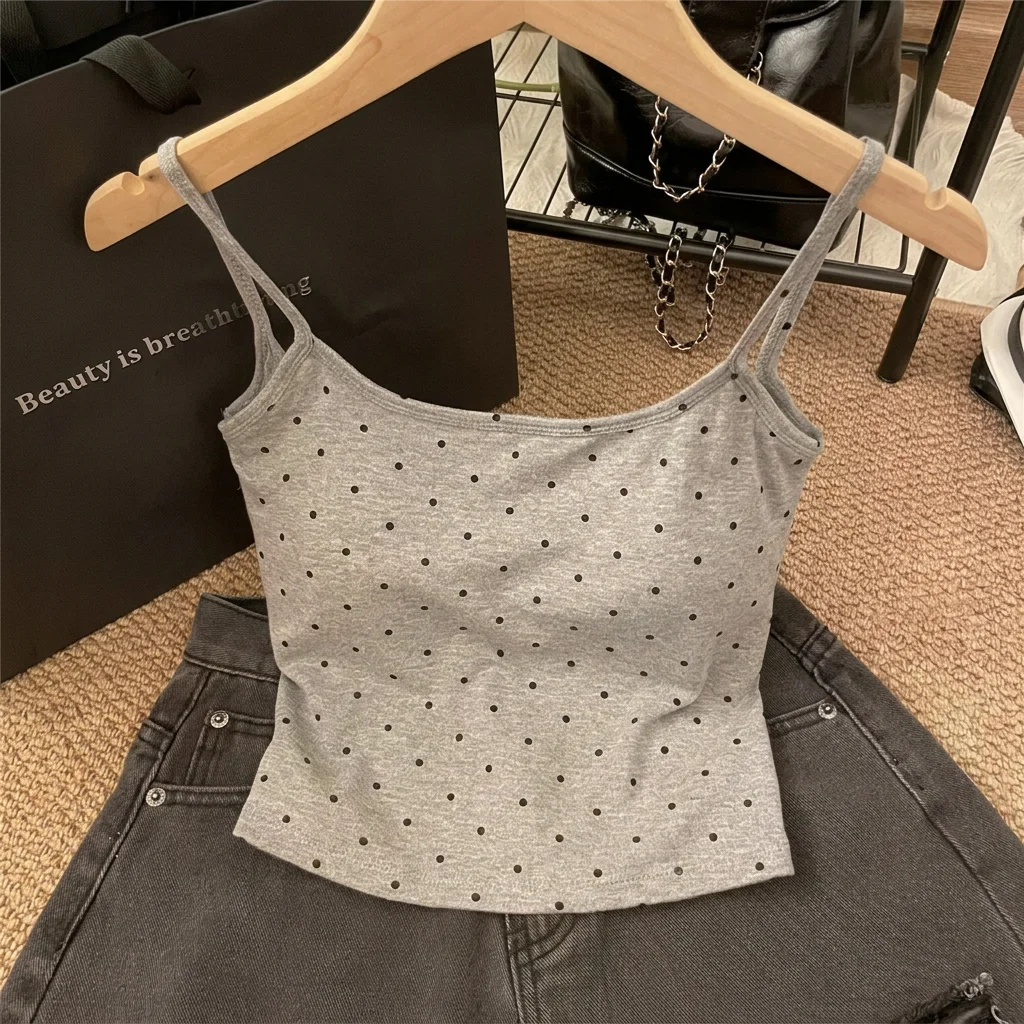 Polka Dot Camisole Breathable Slim Fit Tank Top Built-In Bra Tank Top Sweet Cropped Camisole For Shopping Commuting Inner