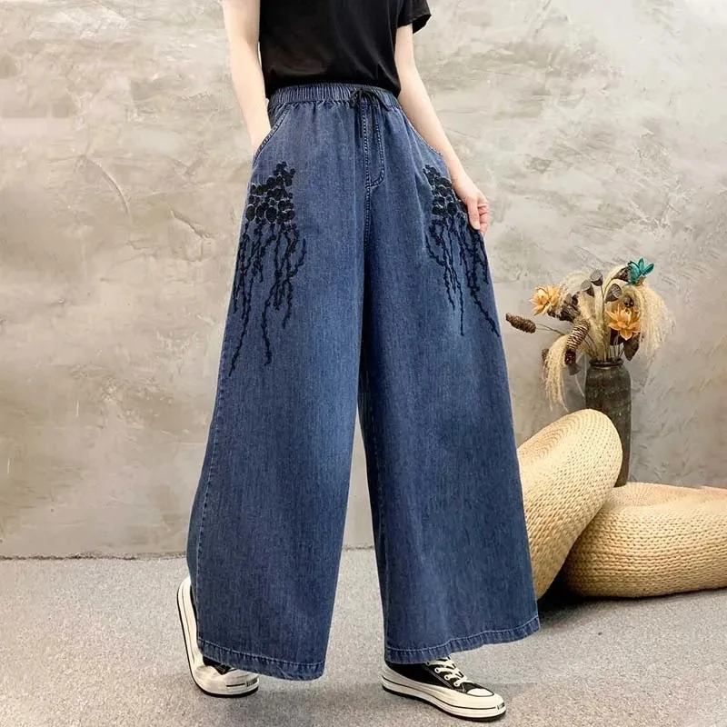 

Artistic Chinese Embroidery Cowboy Wide Leg Pants Women Spring Autumn 2025 New Elastic High Waist Loose Lace Ankle Pants Female