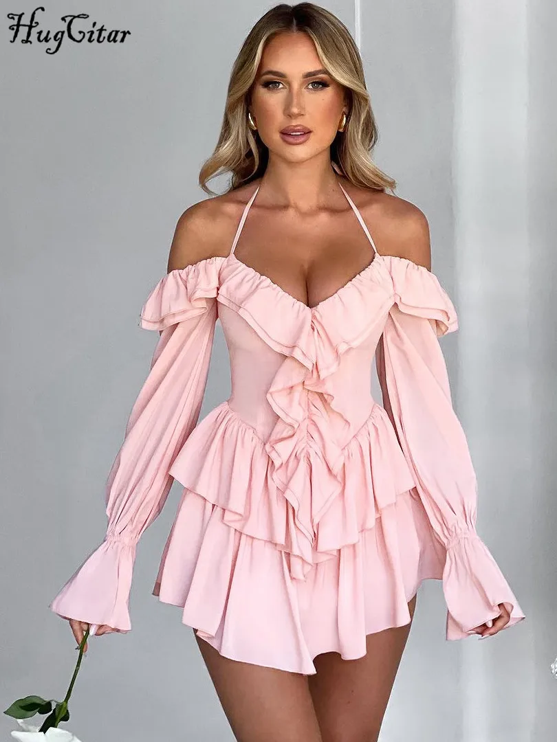 Hugcitar printemps élégant volants solide manches longues évasées Sexy plissé Mini robe femmes décontracté Y2K vêtements fête d'anniversaire vacances