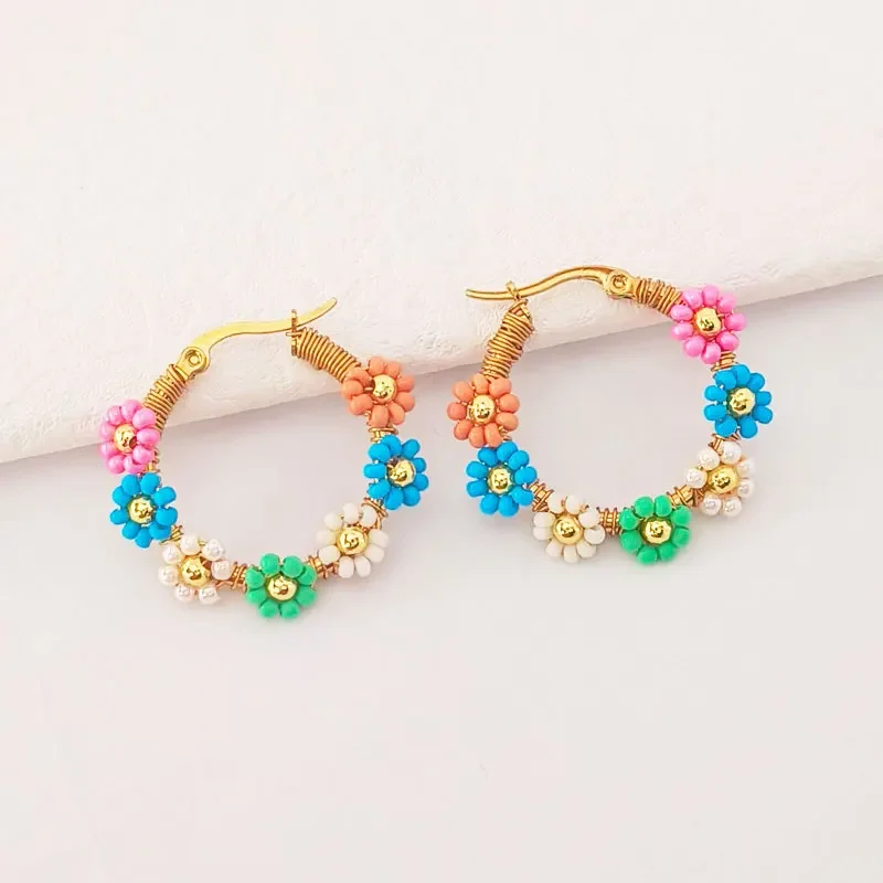 

2025 Handmade Beaded Earrings Circle Colorful Flowers Originality Bohemia Hand Knitting Crystal Beaded Earrings for Women