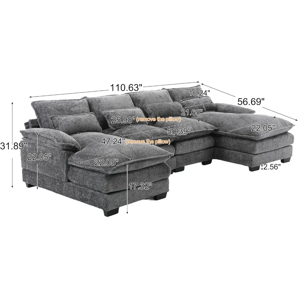 Modern Chenille U Shaped Couch, Comfy Modular Sofa Sleeper with Double Chaise & Memory Foam(Gray)