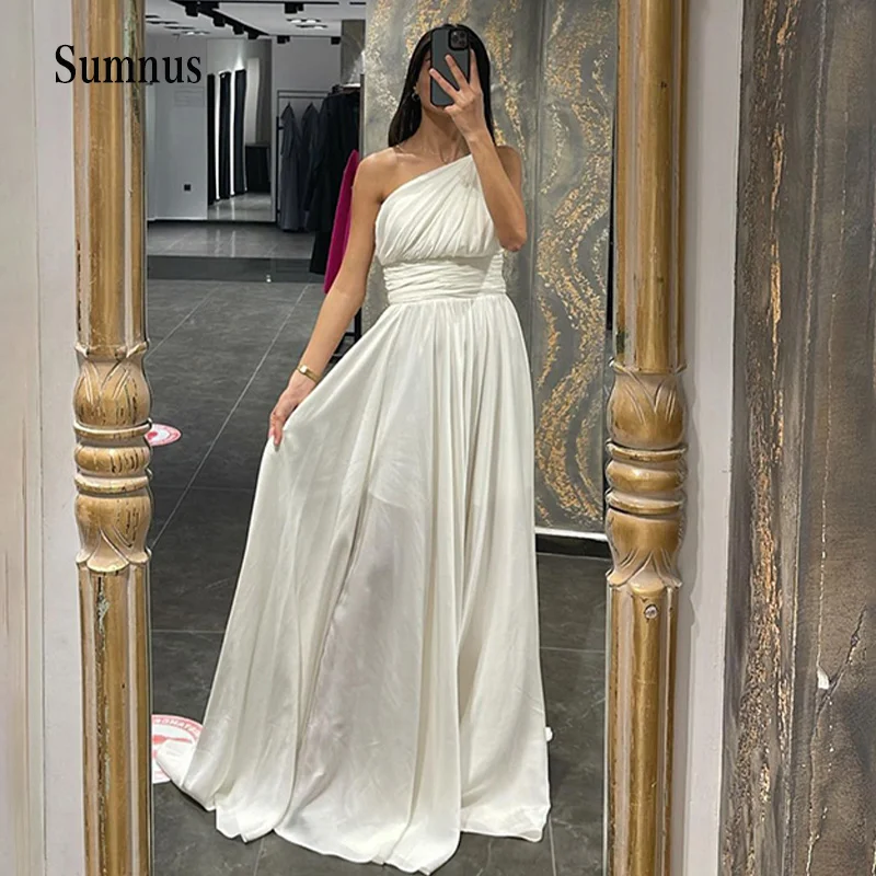 Simples ruched longo vestido de casamento único ombro sem costas sem mangas voltar zíper vestido de noiva robe de mariee plus size gelinlik