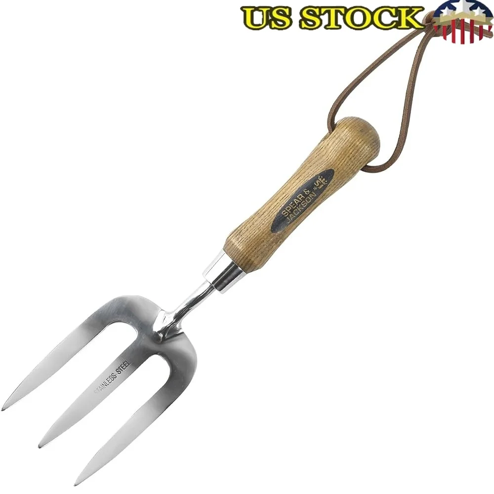 

Traditional Stainless Steel Weed Fork Breaking Up Soil with Hardwood Handle Leather Wrist Strap Knuckle Clearance Gardening Tool