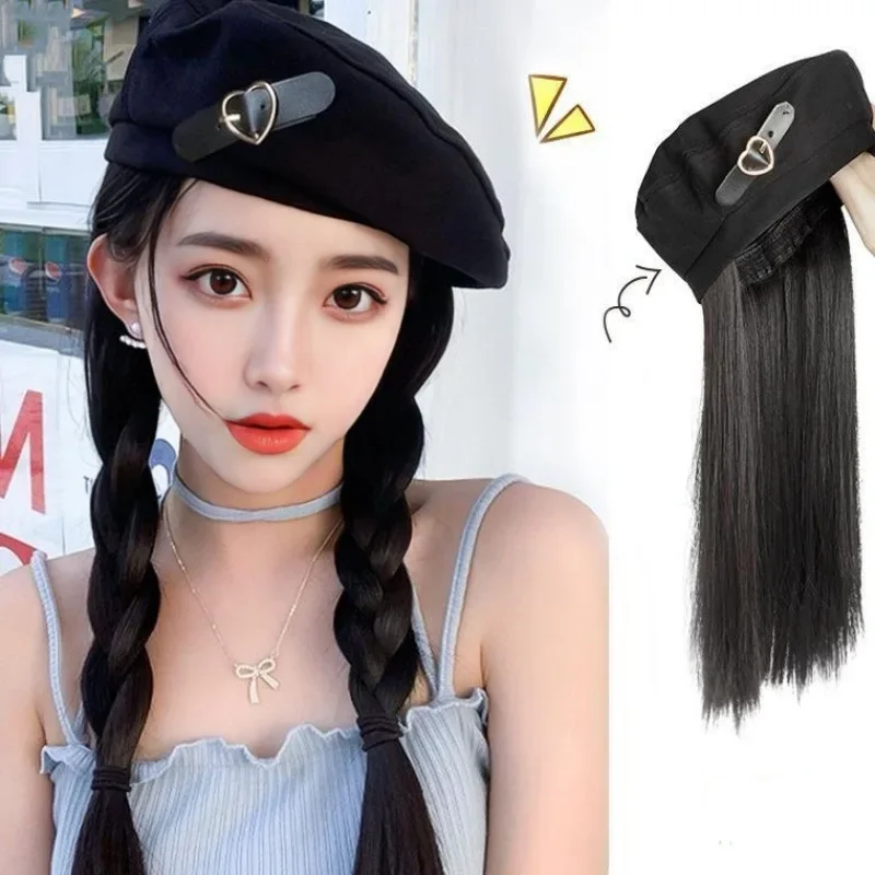 

Straight Wig with Hats Black Long Straight Hair 24inch Natural Soft Synthetic Wigs Fashion Heat Resistant Fibers 가발