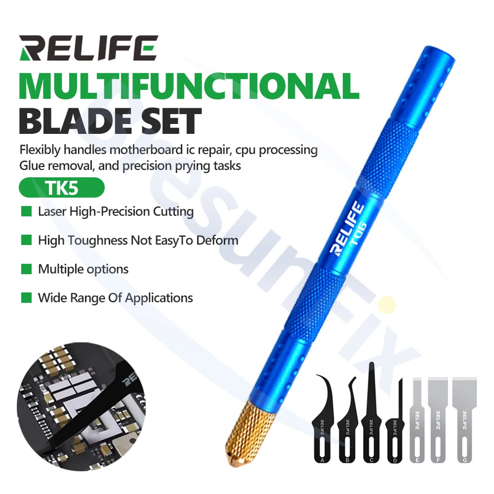 

RELIFE TK5 8-in-1 Multi-Function Blade Set for Mobile Phone Repair Motherboard PCB IC CPU Adhesive Removal Pry Tool Cutting Tool