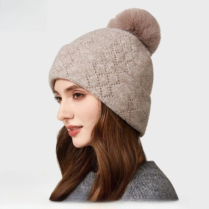 Fashion New Sheep Wool Ball Knitted Hat Women's Elastic Solid Color Casual Versatile Wool Hat Pullover Hat Women Show Small Face