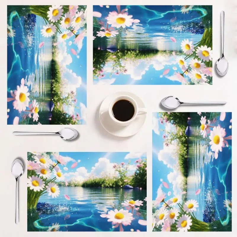 

4-piece placemat set, vibrant floral design, easy to clean, rectangular home decor, perfect for gatherings and holidays.