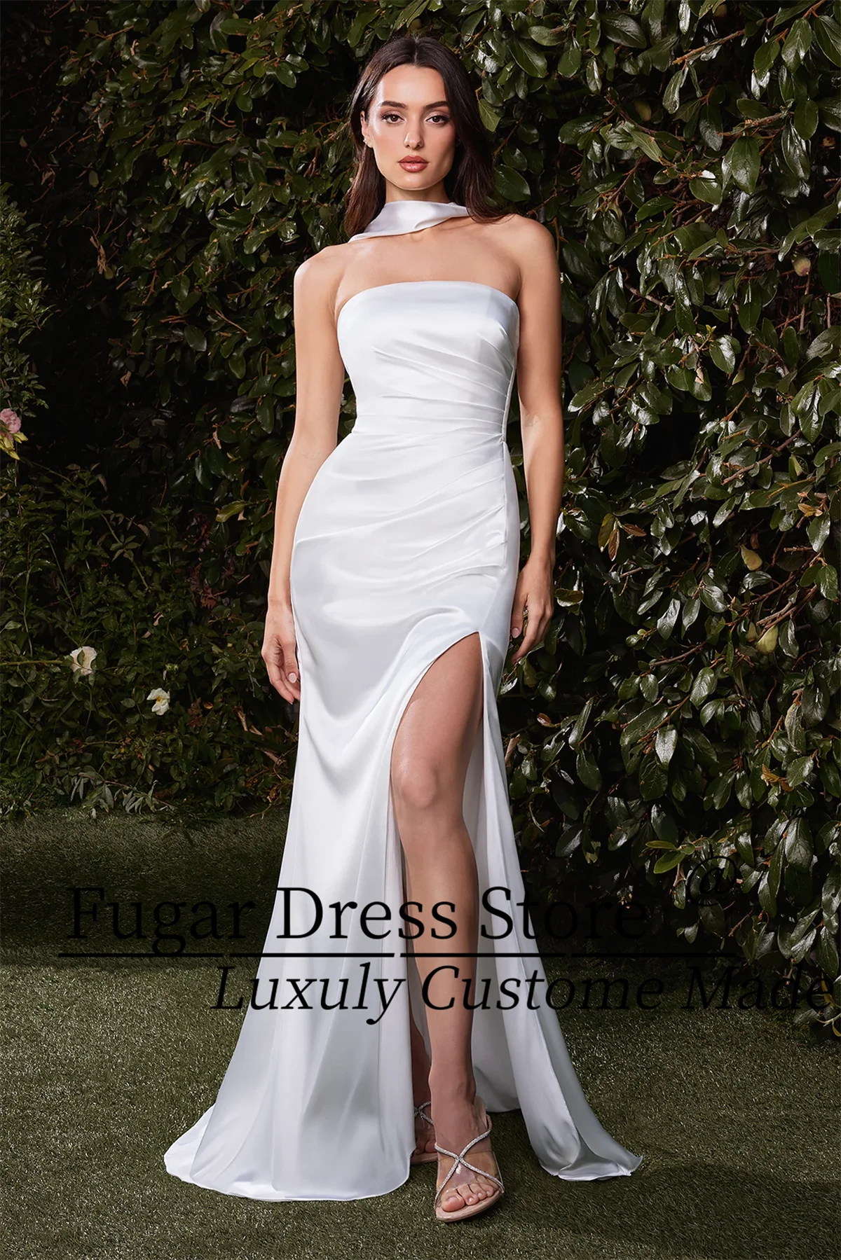 Customized High-end White strapless satin long skirt Wedding Dress Equipped  detachable waist belt Woman Evening Party Dresses
