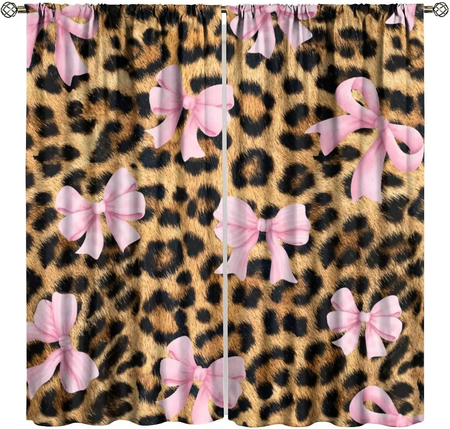 Leopard Pink Bow Window Curtains 2 Panels, Vintage Animal Spot Cute Pink Ribbon Bow Fashion Print Drapes for Teen Room Decor