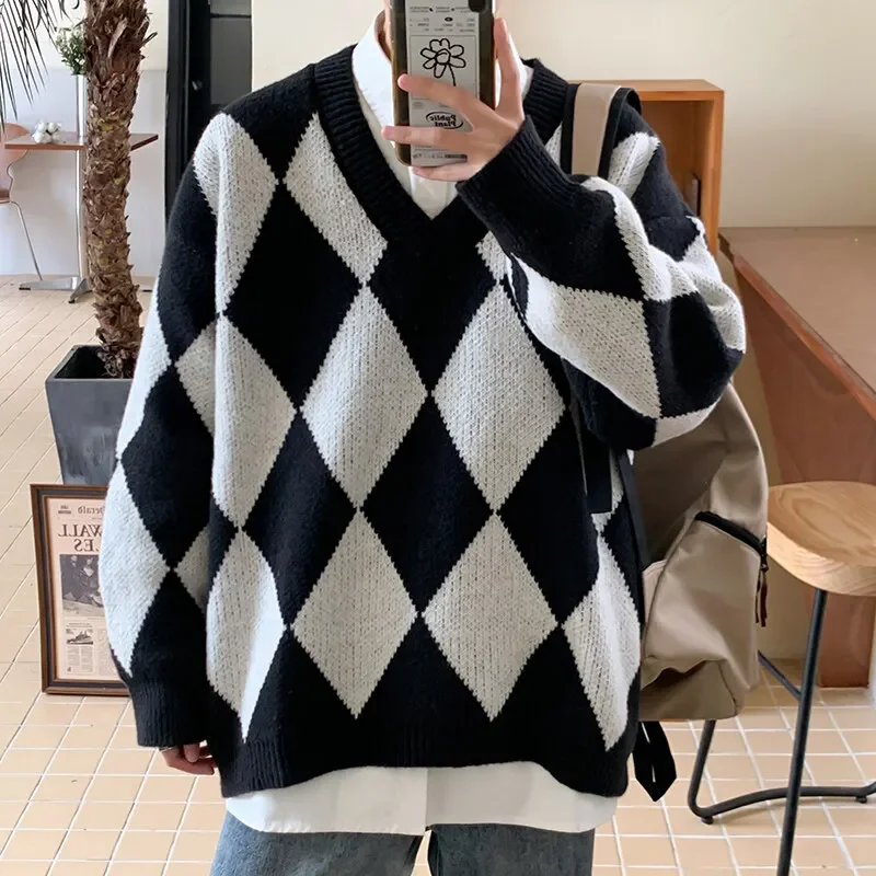 Korean Fashion Loose Plaid Sweaters for Men 2024 Autumn Winter Patchwork Crewneck Sweater Men Pullovers Casual Knitted Y2k Shirt