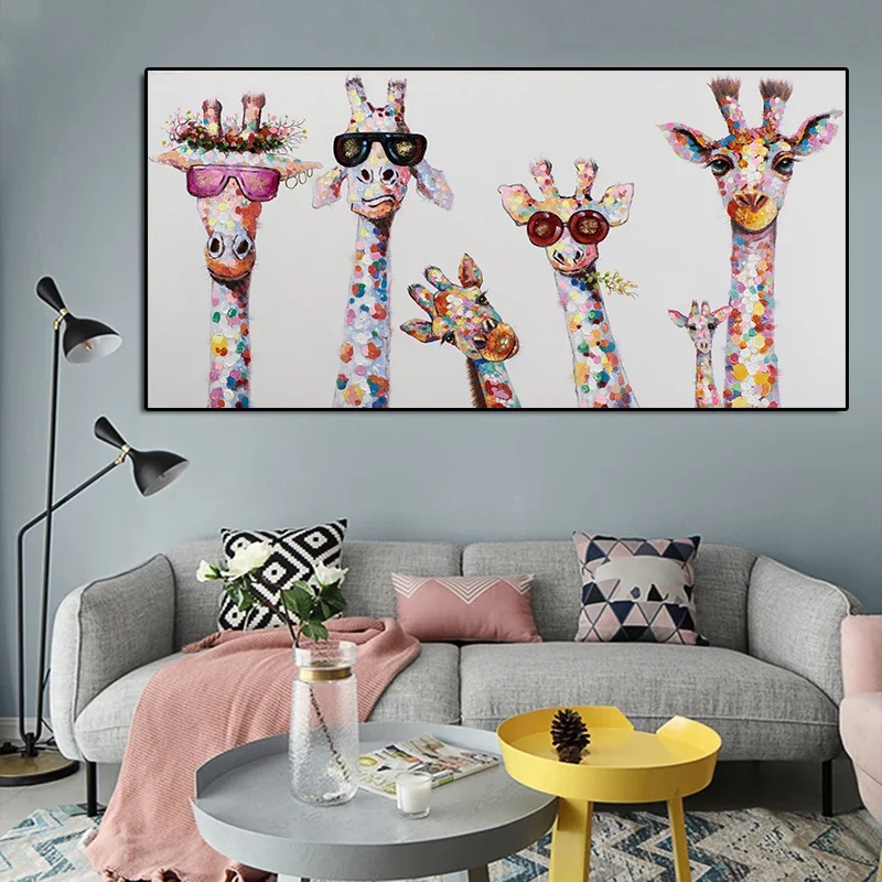 (1PC Unframe)Graffiti Art Animal Canvas Painting Curious Giraffes Family Poster Prints Wall Art Picture for Living Room Home Dec