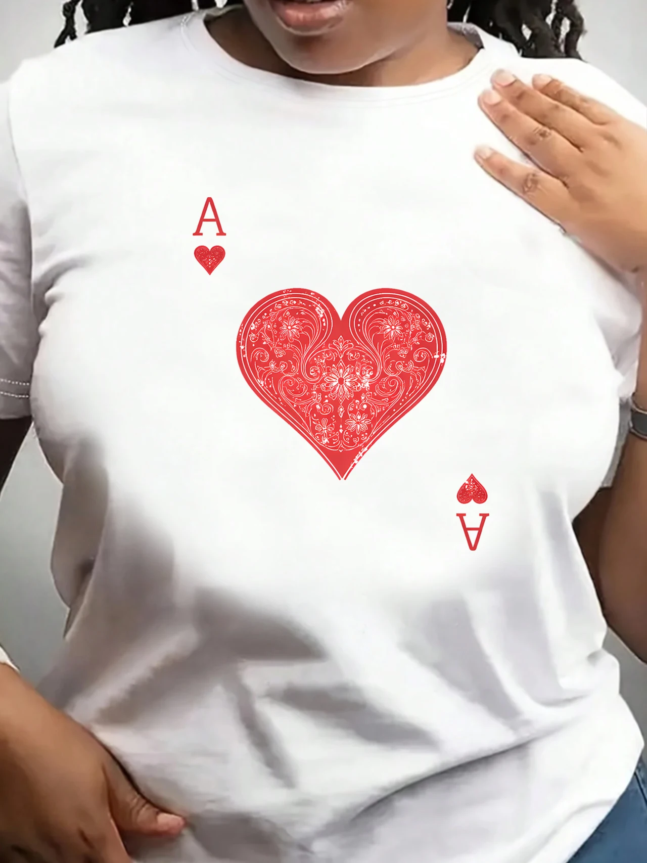 

【ZXH11118】Vintage Ace of Hearts Playing Card Graphic Plus Size Women's Printed Crew Neck T-Shirt Summer Casual Short Sleeve Top