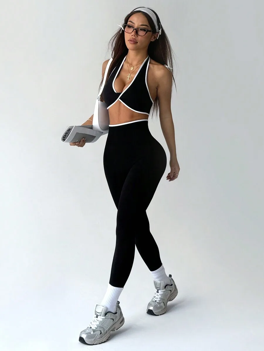 

Women Solid Color Splicing Sleeveless Crop Top And High Waist Leggings Yoga Set Workout Gym Outfit