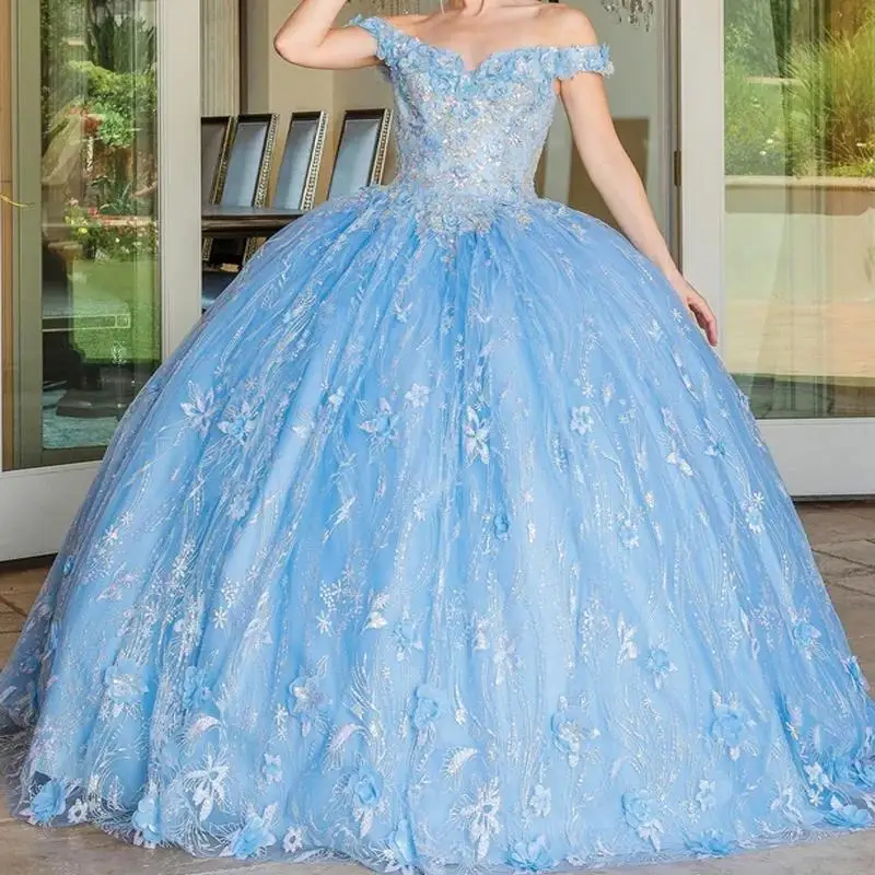 

Mexican Sky Blue 2024 Quinceanera Dresses Applique Sweet 16 3D Flower Ball Gown Sequin Applique Beaded Corset Vestidos De 15Años