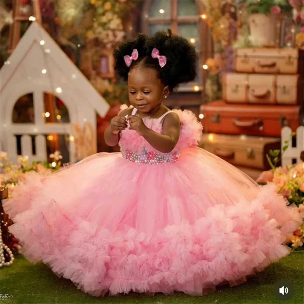 

Blush Pink Flower Girl Dress For Wedding Puffy Sequins Applique Tiered Sleeveless Kids Birthday Gowns Luxury Princess Dress