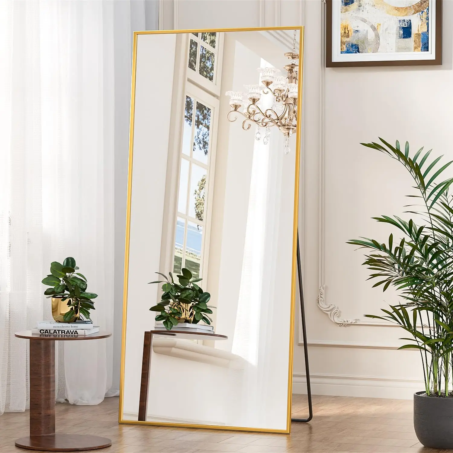 71"x32" Full Length Floor Mirror with Stand Nano-Strengthened Lenses Technology Bedroom Body Mirror Large Gold Leaning Mirror