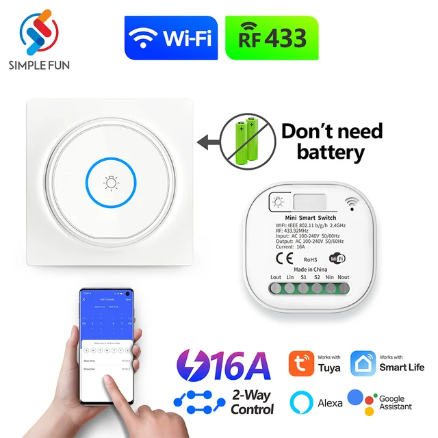 WiFi RF Inteligentny włącznik światła Tuya Smart Life Alexa Bezprzewodowy pilot zdalnego sterowania AC 100-240V 16A 2-kierunkowy panel ścienny Samozasilany bez okablowania