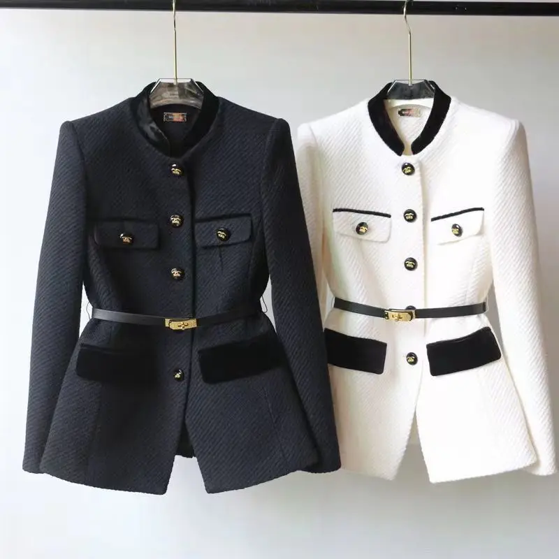 celebrity temperament woolen coat 2026 spring and autumn new contrasting color splicing waist thin fashion coat