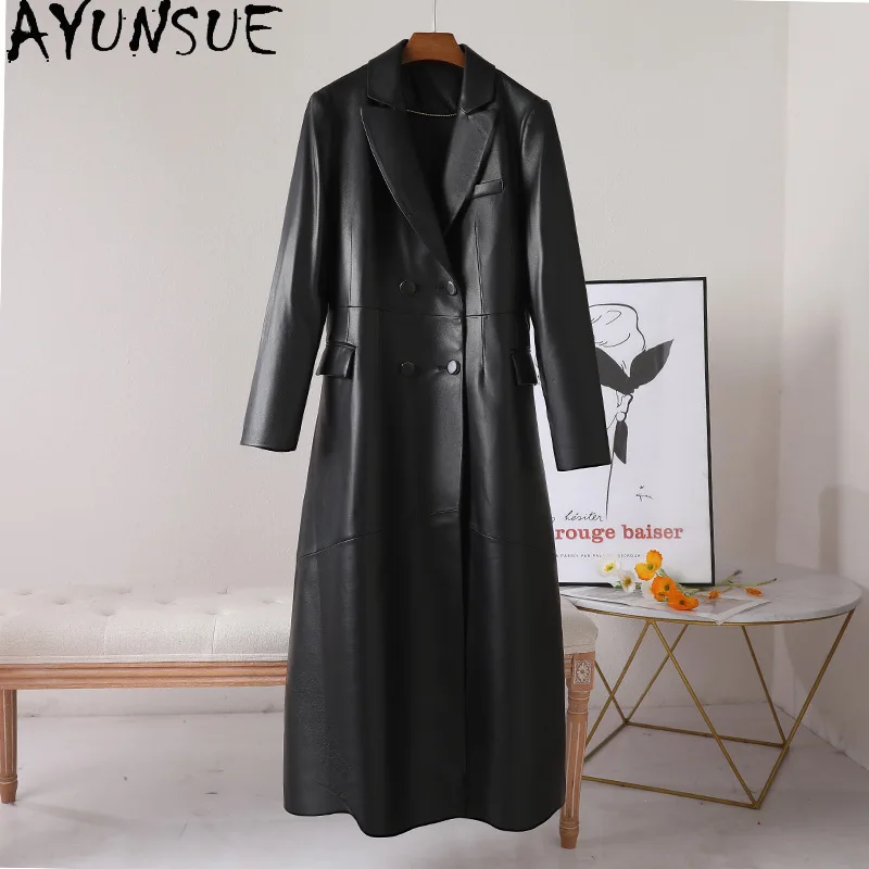 AYUNSUE Natural Sheepskin Genuine Leather Jacket Woman 2025 Long Trench Coat for Women Vintage Autumn Clothes Jaqueta De Couro