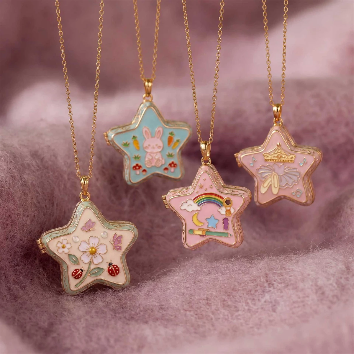 Emaille-Stern-Medaillon-Halskette, Öffnbarer Fotoanhänger, Niedlicher Cartoon-Schmuck für Mädchen und Frauen, Geschenk – Detail 2