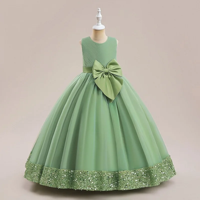 2024 neue Kinder Prinzessin Kleid mit Taille Schleife und Pailletten Mesh flauschige Prinzessin lange Kleid Festzug Kleider für Mädchen Hochzeiten