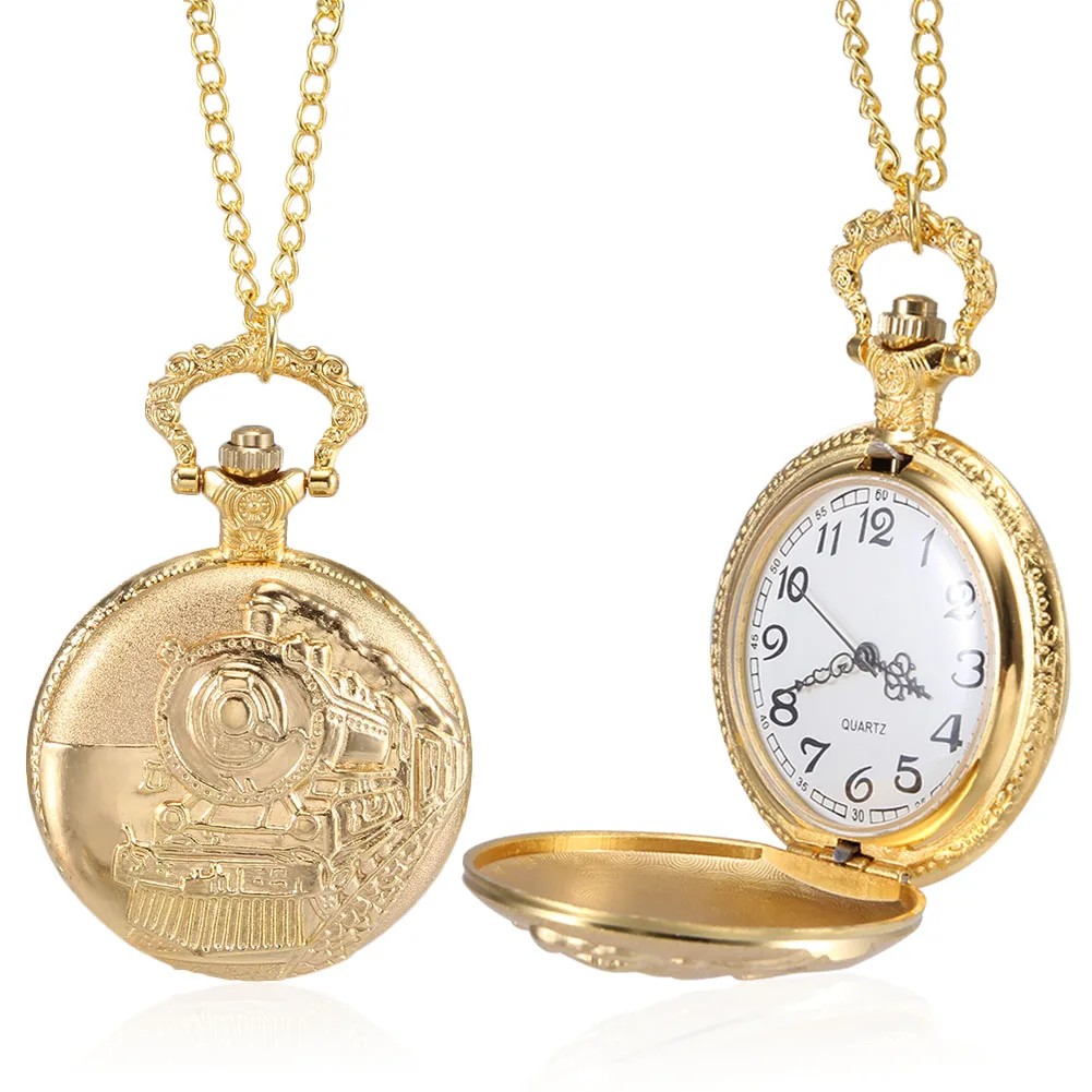 Gold Pocket Watch for Gifting Men Women Retro Train Head Timepiece Vintage Pendant Chain Clock Gift