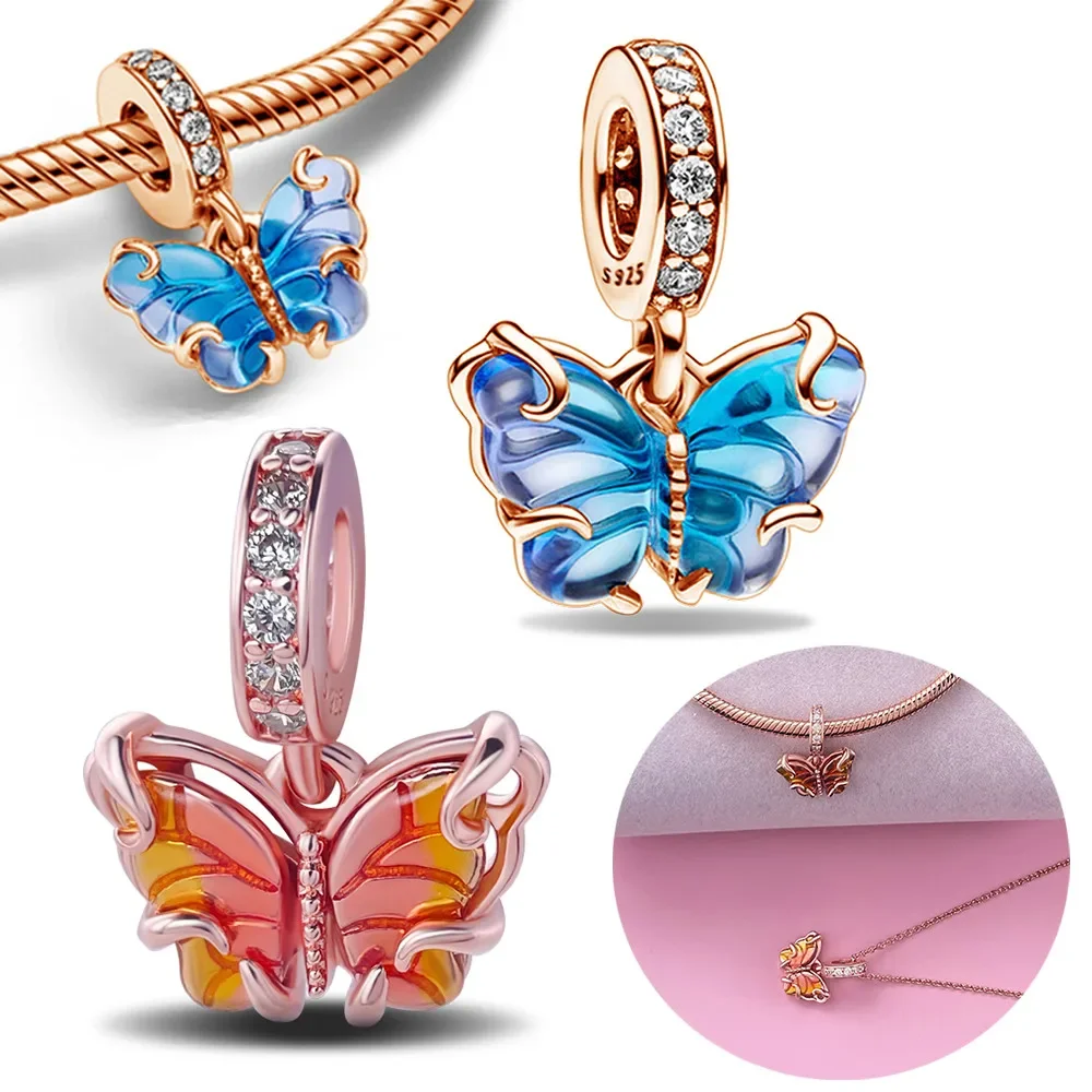 Borboleta de Vidro Murano Dangle Charme Beads para Mulheres, 925 de Prata, Azul e Rosa, Fits Pandora Pulseira, Colar, Presente DIY Jóias